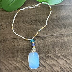 Handcrafted Wired Blue, White and Iridescent Beaded Pendant Necklace